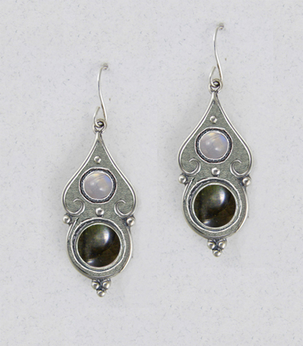 Sterling Silver Gothic Look With Spectrolite And Rainbow Moonstone Gemstone Drop Dangle Earrings